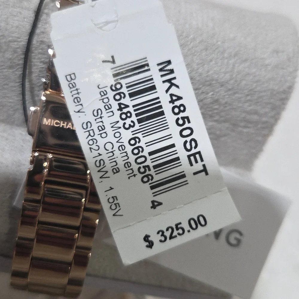 Michael Kors Lauryn Three-Hand Rose Gold Stainless Steel Watch Earring Necklace
